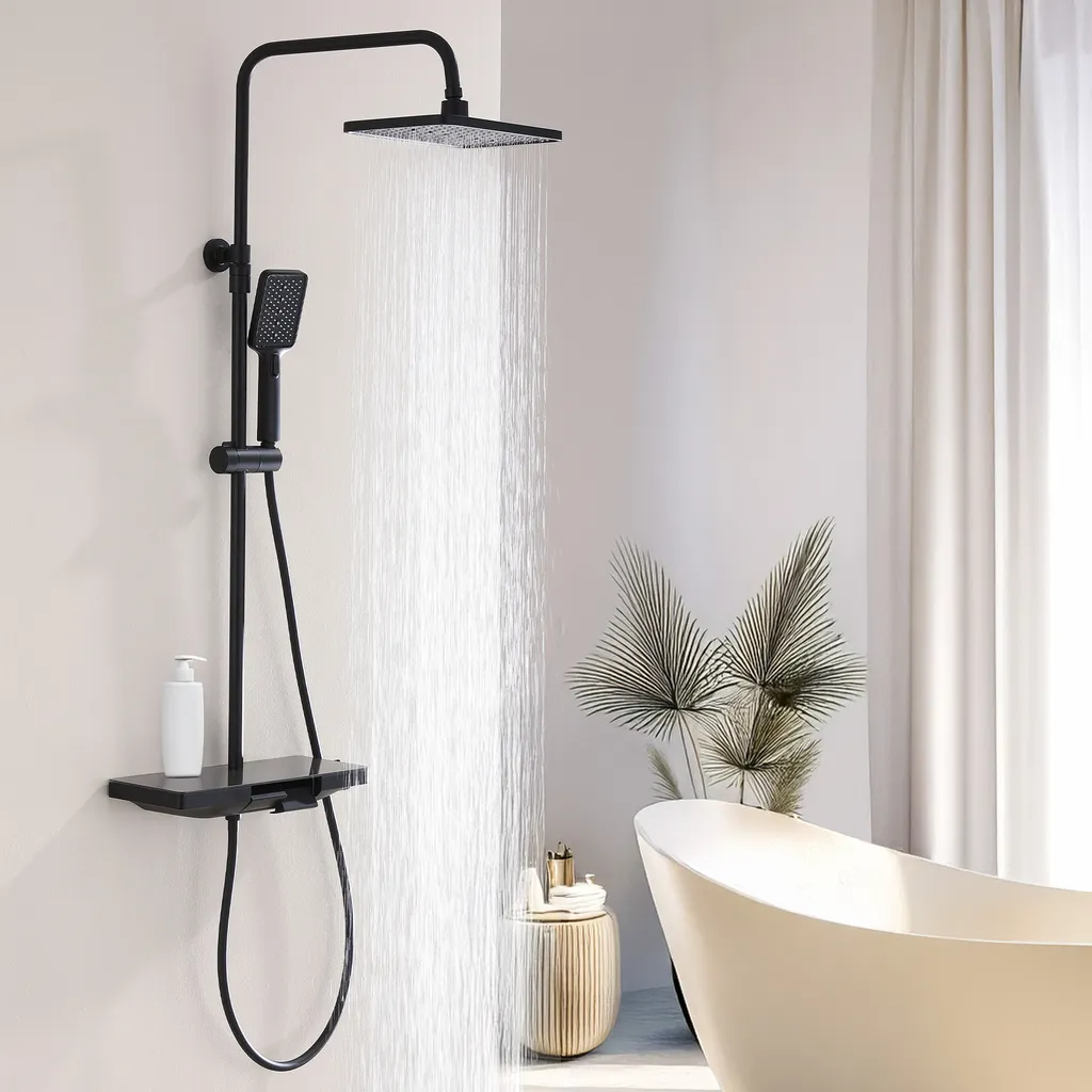 HOMELODY Sistema de ducha con termostato y estante de cristal de 40 x 18 cm, grifo de ducha con termostato y alcachofa de ducha de 28 x 18 cm, se puede instalar en el orificio original