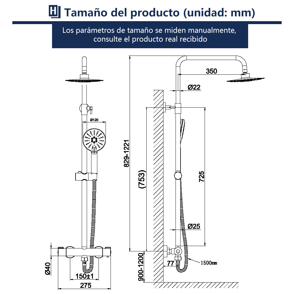 ONECE Columna Ducha con Grifo Termostatica 40℃, con 12'' Ducha de Lluvia de  Acero Inoxidable, Conjunto de Ducha Barra Altura Ajustable 829-1221mm, Set  Ducha Para Baños con 3 Modos Ducha de Mano 