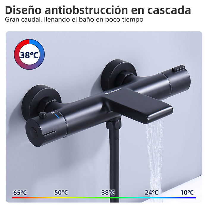 AiHom Grifo de Bañera Negro 40°C Grifo de Ducha Termostático Cascada Con Botón de Seguridad