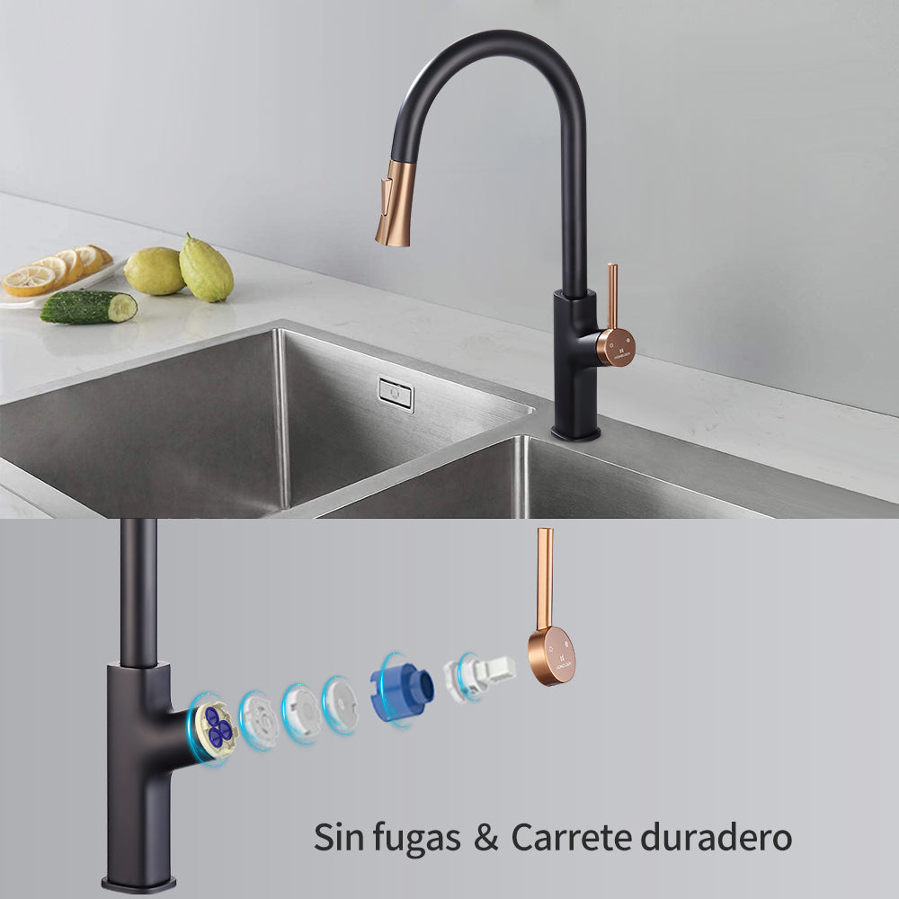 Grifo monomando extraíble para fregadero de cocina dorado cepillado con  tubo de silicona