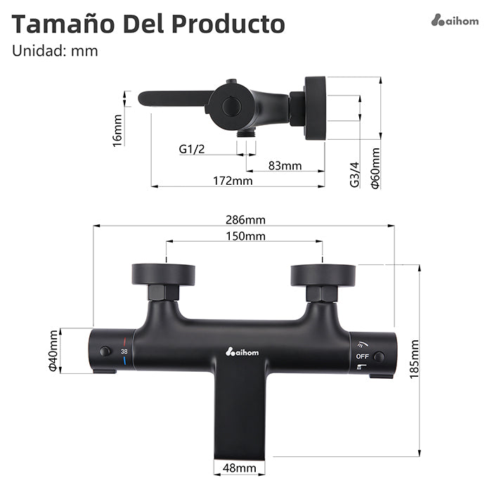 AiHom Grifo de Bañera Negro 40°C Grifo de Ducha Termostático Cascada Con Botón de Seguridad