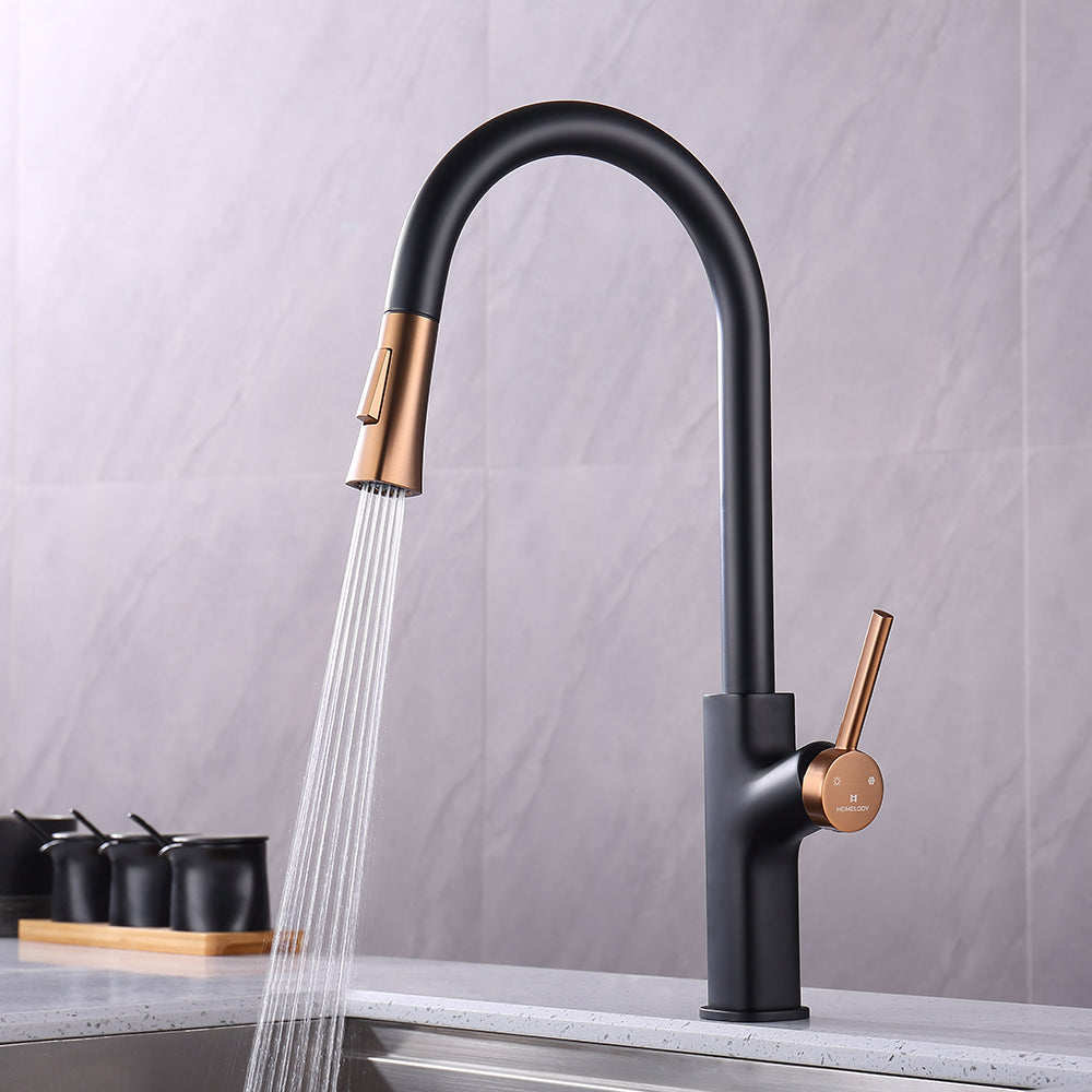 HOMELODY grifo cocina extraíble, negro y dorado clásico, blanco