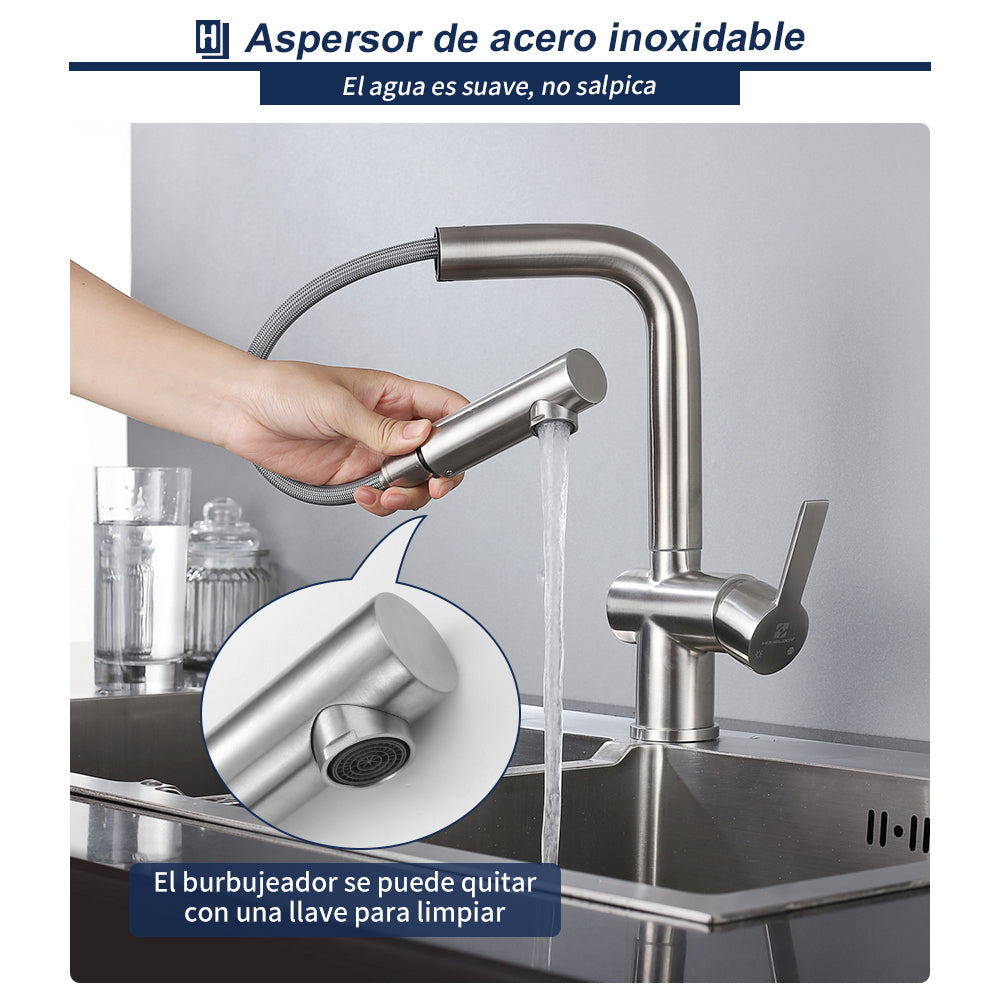 Grifos de Cocina Extraíbles Cepillados Cabezal de ducha Mezclador de Fregadero Giratorio 360 ° Homelody