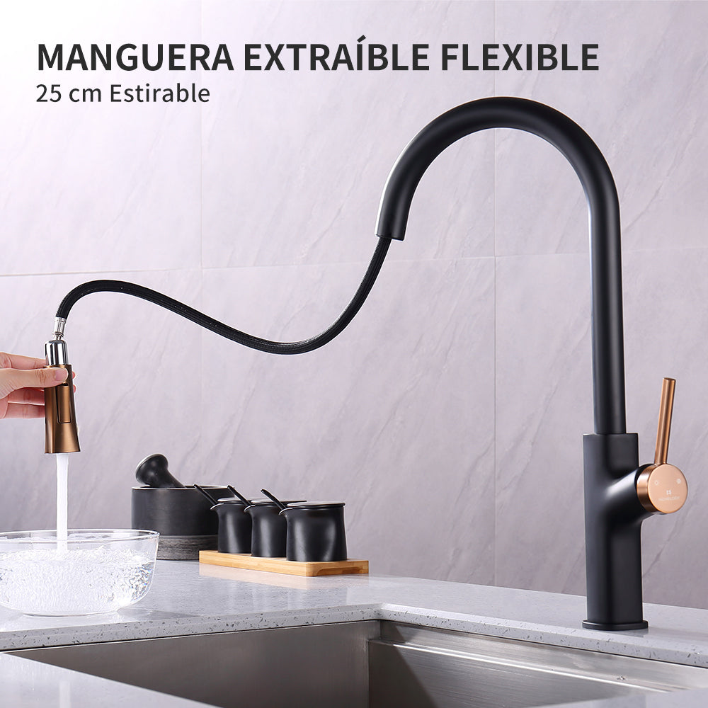 HOMELODY grifo cocina extraíble, negro y dorado clásico, blanco