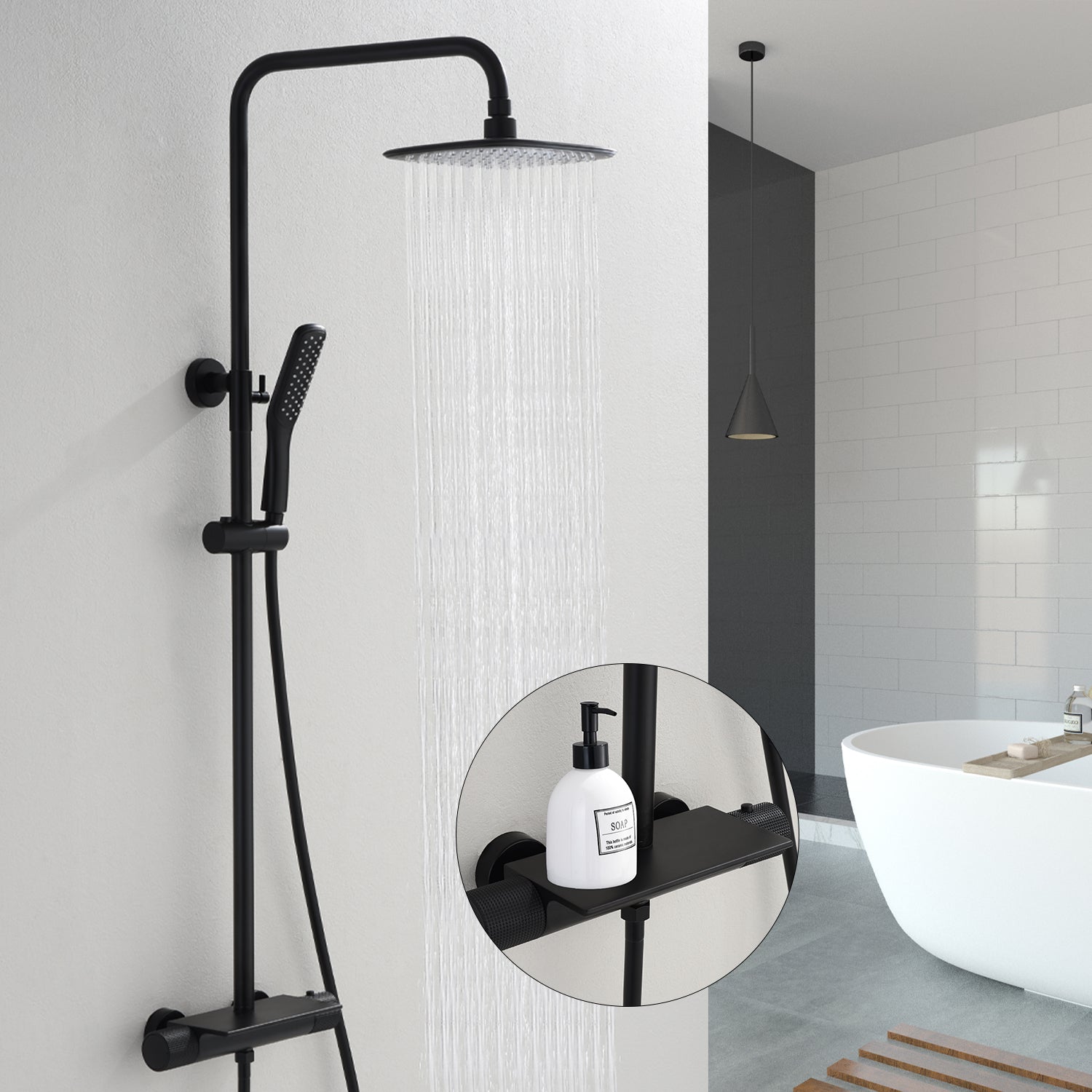 Columna ducha negra termostatico con estante para baño AiHom – homelody-es