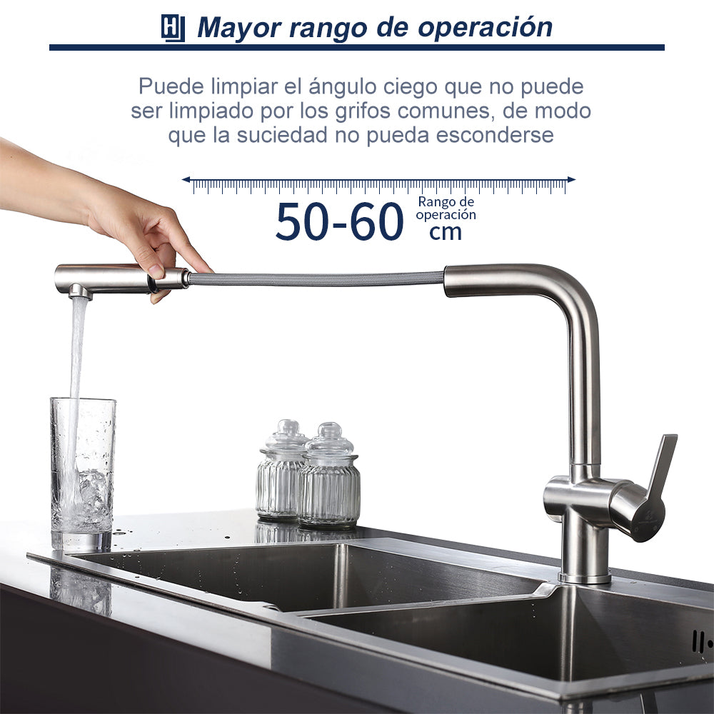 Grifos de Cocina Extraíbles Cepillados Cabezal de ducha Mezclador de Fregadero Giratorio 360 ° Homelody