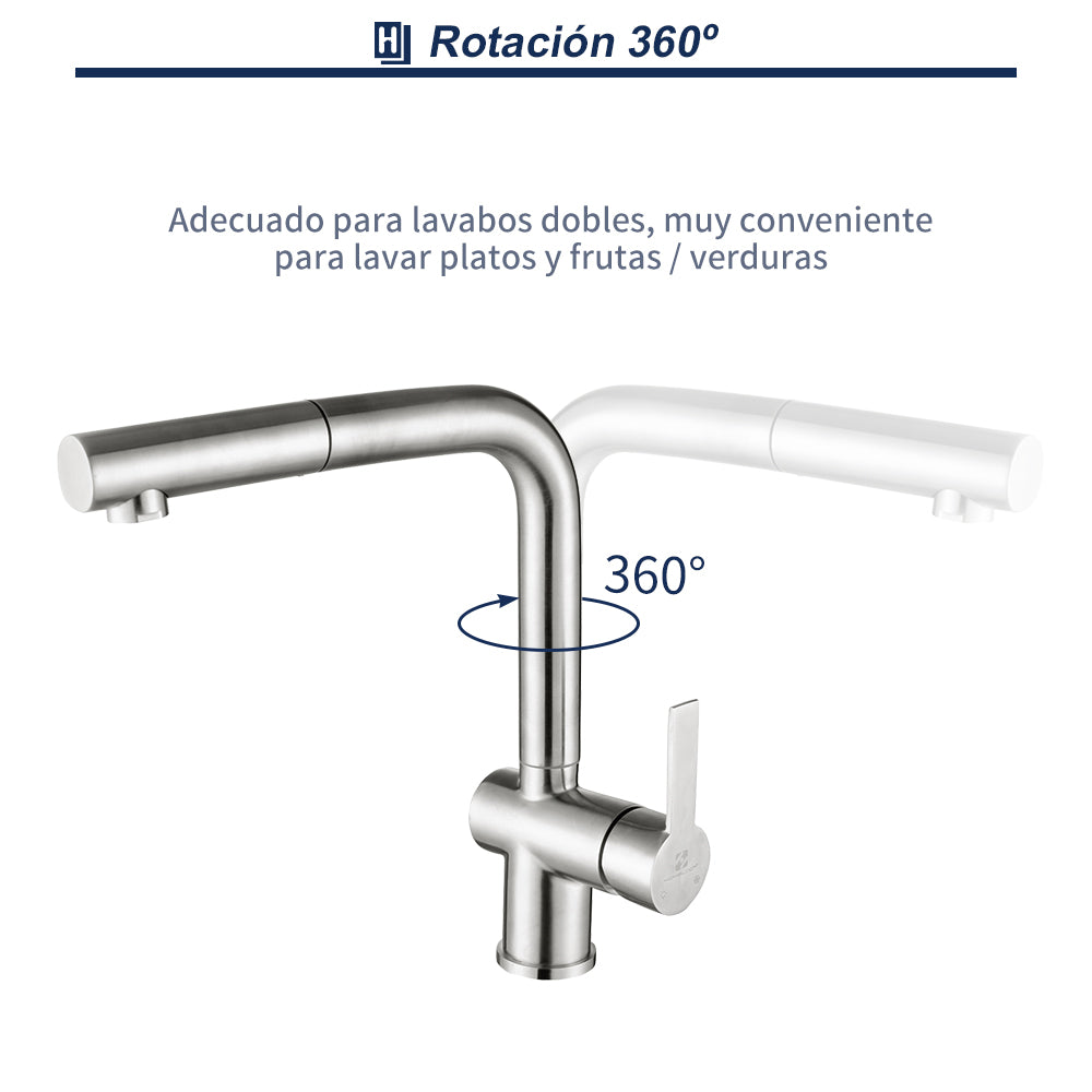Grifos de Cocina Extraíbles Cepillados Cabezal de ducha Mezclador de Fregadero Giratorio 360 ° Homelody