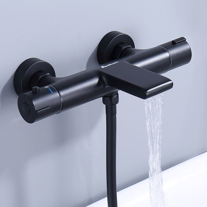 AiHom Grifo de Bañera Negro 40°C Grifo de Ducha Termostático Cascada Con Botón de Seguridad