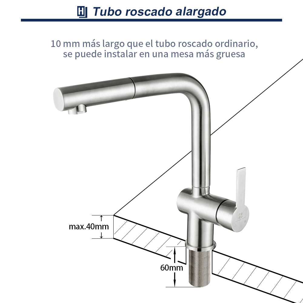 Grifos de Cocina Extraíbles Cepillados Cabezal de ducha Mezclador de Fregadero Giratorio 360 ° Homelody