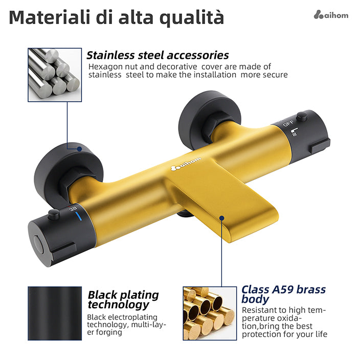 AiHom Grifo de Bañera Negro 40°C Grifo de Ducha Termostático Cascada Con Botón de Seguridad
