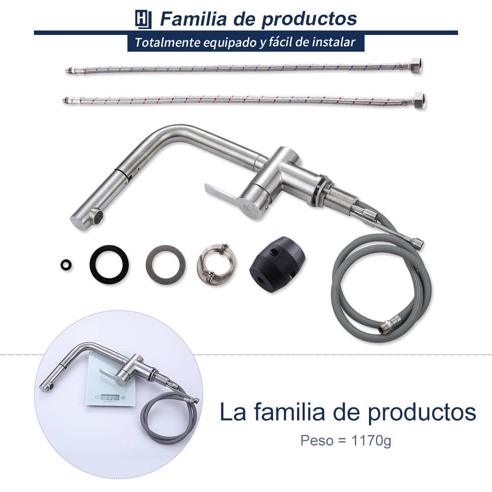 Grifos de Cocina Extraíbles Cepillados Cabezal de ducha Mezclador de Fregadero Giratorio 360 ° Homelody