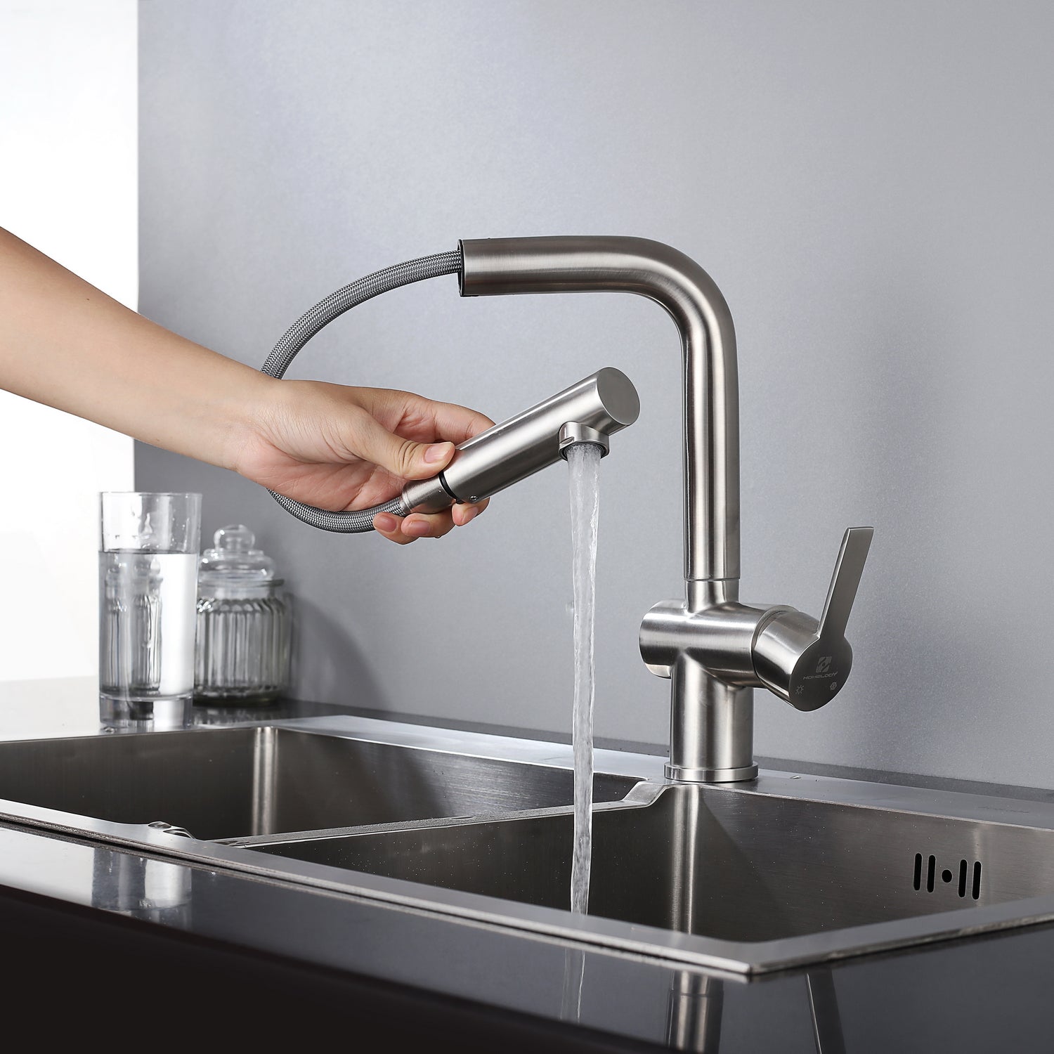 Grifos de Cocina Extraíbles Cepillados Cabezal de ducha Mezclador de Fregadero Giratorio 360 ° Homelody